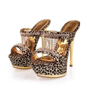 Leopard Print Stiletto Heels with Rhinestone Accents